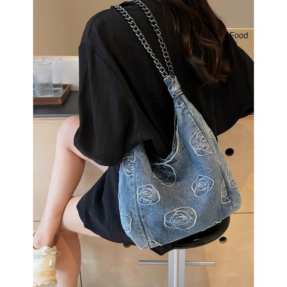 Denim Hobo Tote Bag for Women Floral Pattern Shoulder Purse Lightweight - Picture 6 of 6